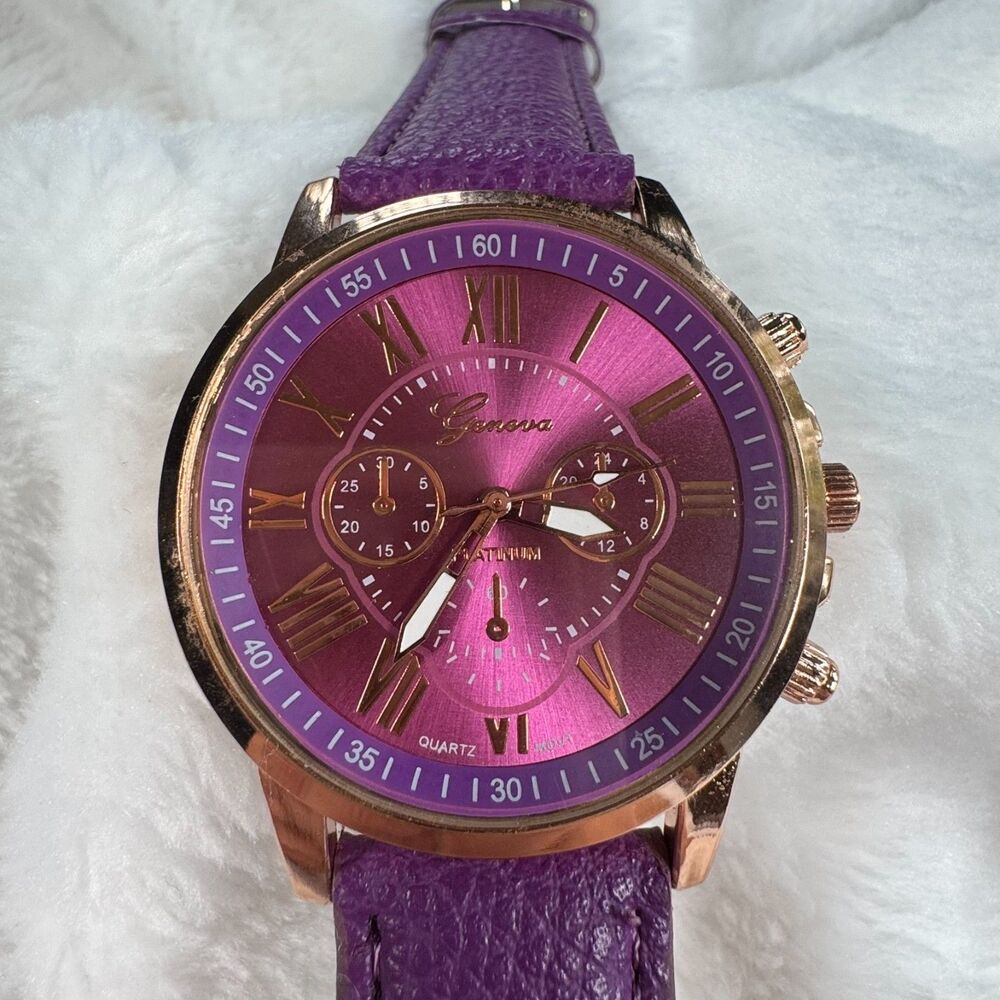 Geneva Platinum Purple Oversized Watch Rose Gold Roman Numeral Faux Chronograph